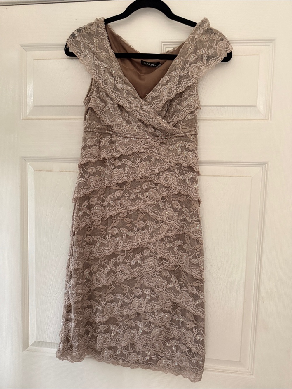 MARINA Dusty Taupe Lace Ruffle Midi Dress